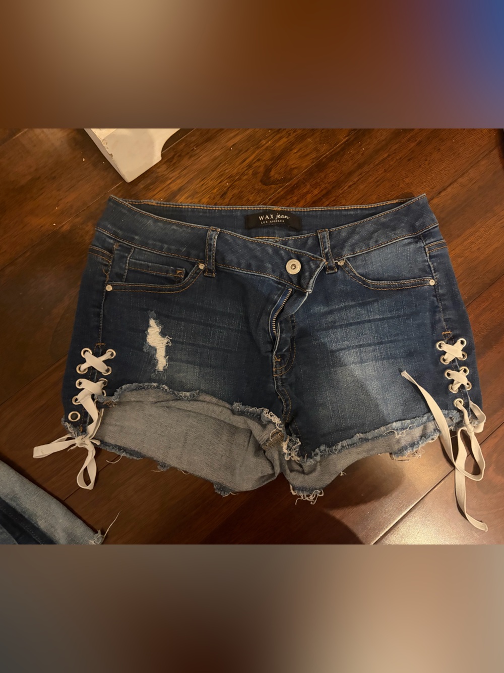 Wax Jean Dark Blue Distressed Lace-Up Denim Shorts